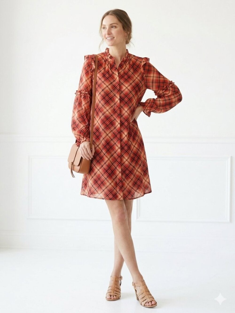 NWT Tommy Hilfiger Plaid Ruffled Dress 12 Red Orange
